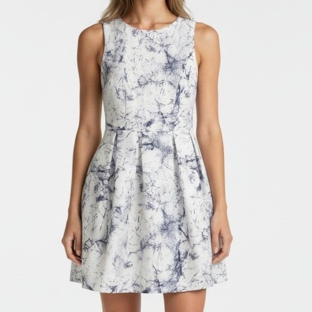 FRNCH Womens Large L White Blue Marble Print Fit Flare Mini Dress Cocktail NWT
